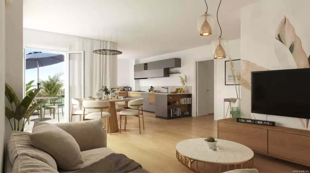 Perspective 3D d'un îlot immobilier urbain, aménagement paysager et jardin de résidence en 3D, illustration 3D d'un appartement de standing avec balcon