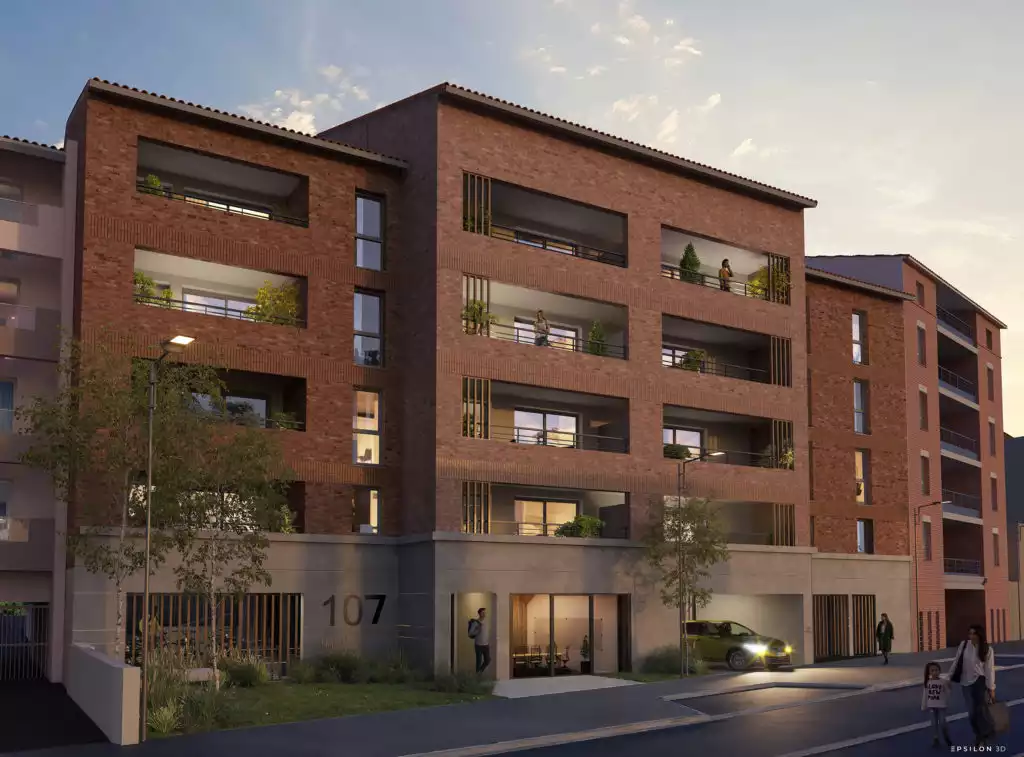 C'est un programme immobilier qui affiche une architecture moderne alliant briques rouges traditionnelles et enduits clairs et enduits clairs, avec des terrasses privatives spacieuses.