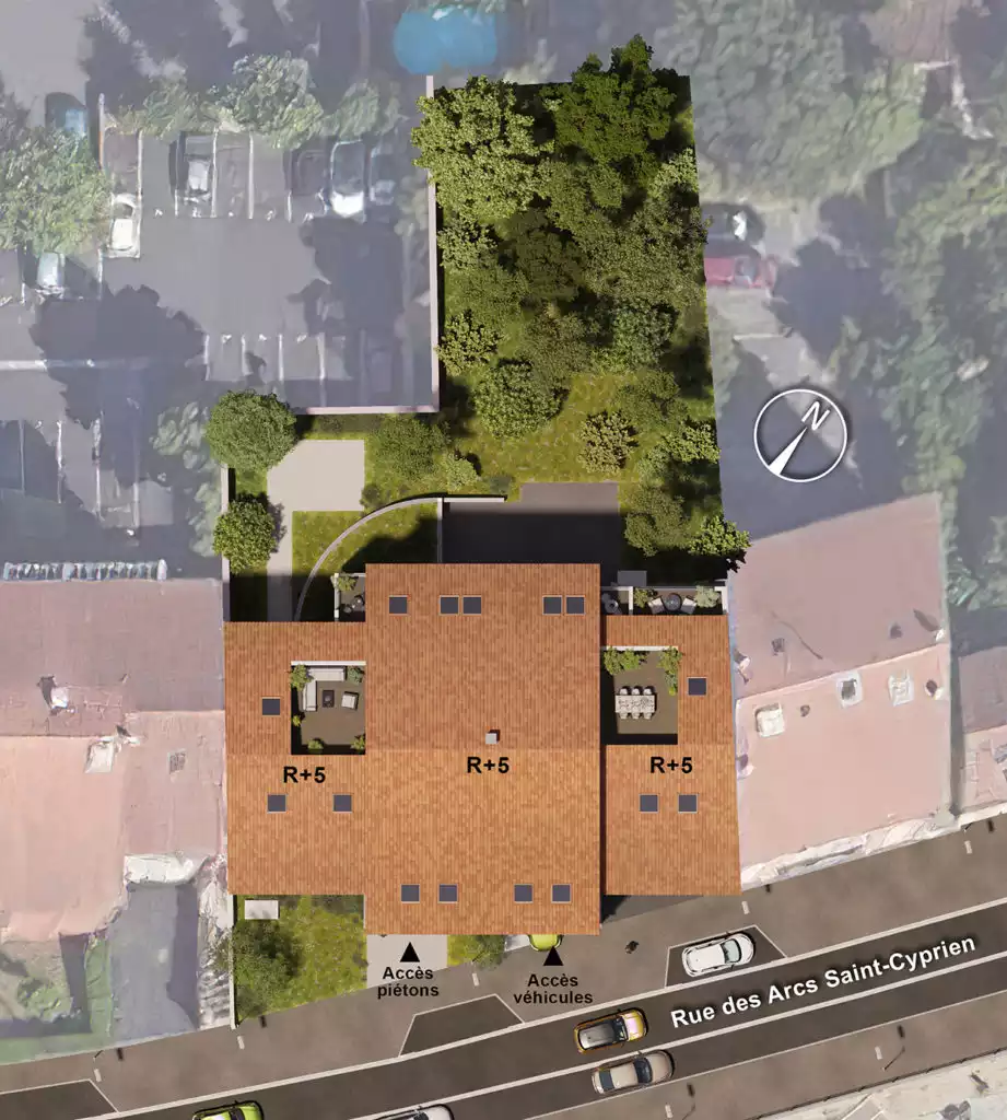 La résidence bénéficie d'un emplacement central. Le bâtiment affiche une architecture moderne alliant briques rouges traditionnelles et enduits clairs. Les visuels dévoilent des appartements allant du T2 au T5, caractérisés par des espaces de vie lumineux, des cuisines ouvertes et des finitions contemporaines. L'accent est mis sur le confort avec de larges ouvertures, des terrasses privatives spacieuses.