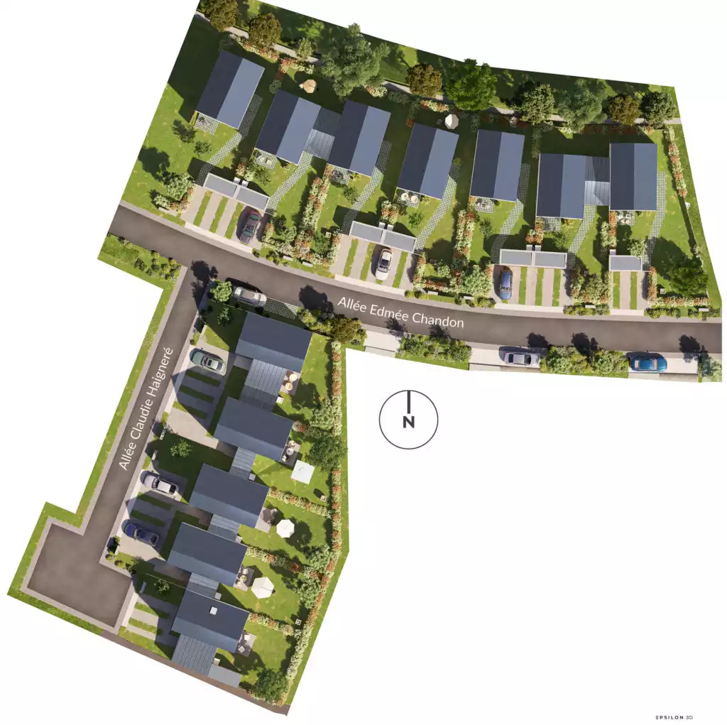 Programme Immobilier mettant en avant une architecture contemporaine et chaleureuse, caractérisée par l'alternance de façades claires et de bardages bois naturels. Le plan masse souligne une organisation spatiale soignée, où chaque maison dispose d'un jardin privatif arboré.