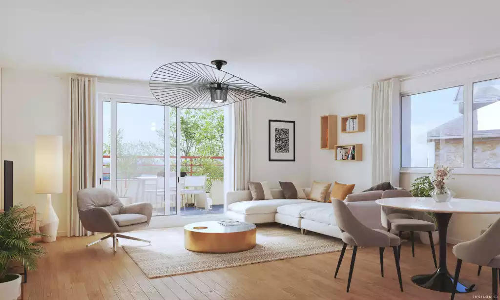 Cette modélisation 3D d'intérieur dévoile un espace de vie spacieux et baigné de lumière, illustrant parfaitement le potentiel de confort d'un appartement moderne. La perspective extérieure présente une résidence collective à l'esthétique contemporaine, caractérisée par un jeu de volumes entre façades claires et parements terracotta. La visualisation souligne l'importance des espaces extérieurs avec de larges balcons filants et des terrasses en attique, parfaitement intégrés dans un environnement paysager soigné.