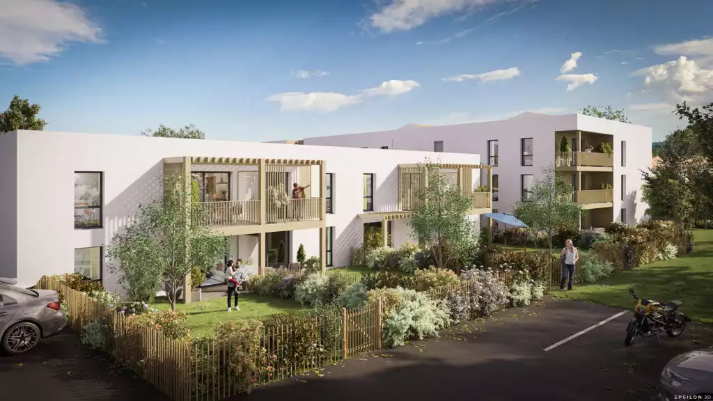 Cette visualisation 3D valorise les espaces verts privatifs et la qualité de vie en rez-de-jardin. L'accent est mis sur l'intimité offerte par les clôtures bois et les haies paysagères, ainsi que sur le prolongement des espaces de vie vers l'extérieur grâce aux terrasses couvertes. C'est un outil de communication essentiel pour démontrer la promesse de confort et de sérénité de la résidence.