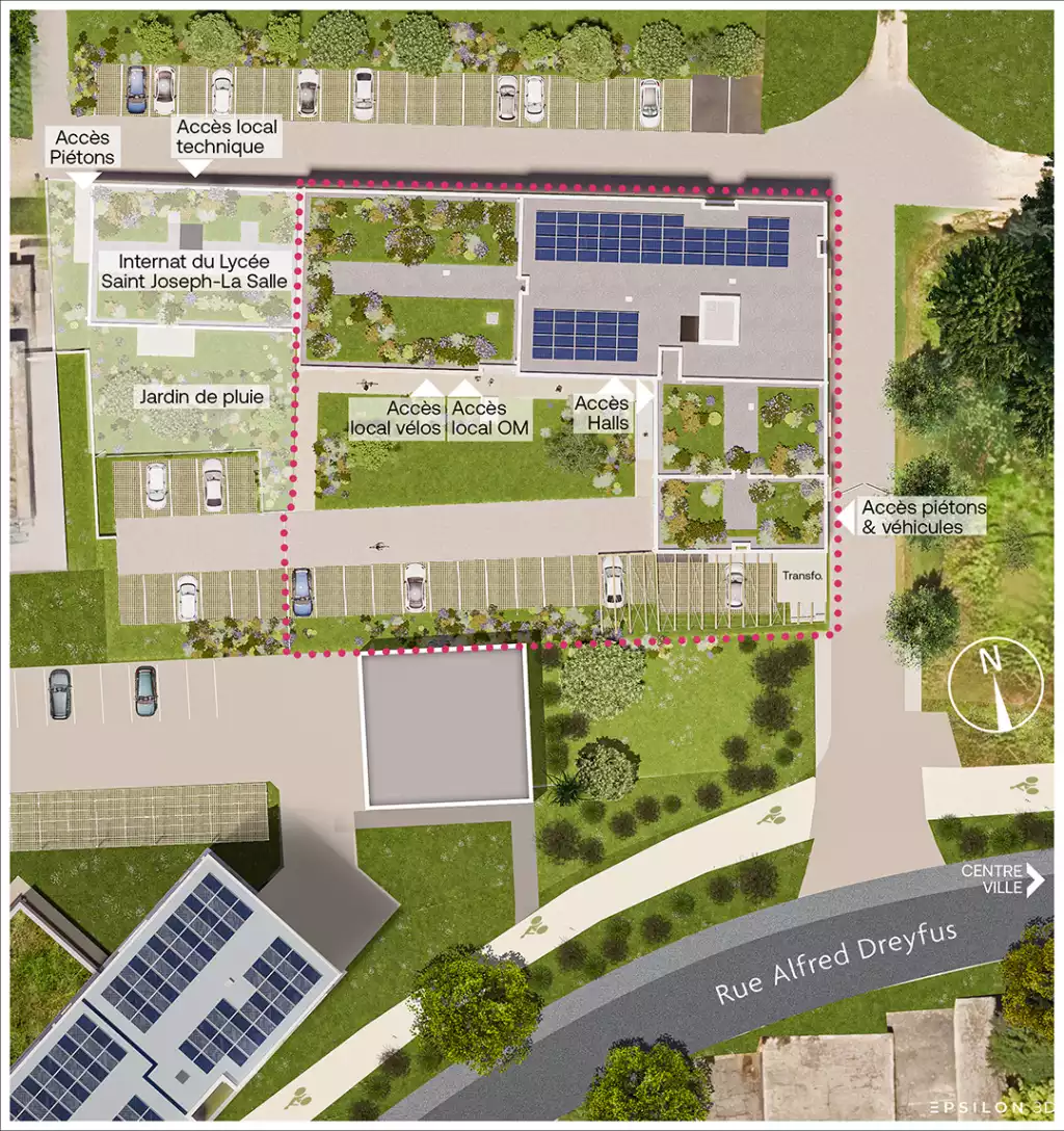 On distingue clairement les espaces de vie : la salle de fitness, l'espace de co-working lumineux, la laverie, et la salle de vie commune avec son baby-foot et ses grands canapés. Le plan masse est essentielle pour situer le projet dans son environnement urbain. Le bâtiment est entouré de zones de stationnement organisées et de voies de circulation douce. Les toitures sont végétalisées. Présence d'un jardin de pluie souligne une gestion responsable des eux pluviales, les différents points d'accès sont clairement identifiés. Le bâtiment présente une façade moderne et sobre.