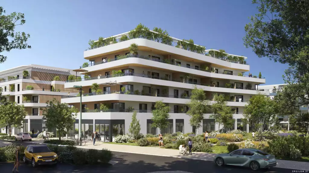L’architecture se distingue par ses lignes fluides et ses façades rythmées par des terrasses filantes végétalisées et des matériaux chaleureux comme le bois. L’omniprésence de la nature, tant sur les toitures-terrasses qu'en pied d'immeuble, illustre un cadre de vie moderne, durable et convivial, parfaitement intégré à des espaces publics de qualité.