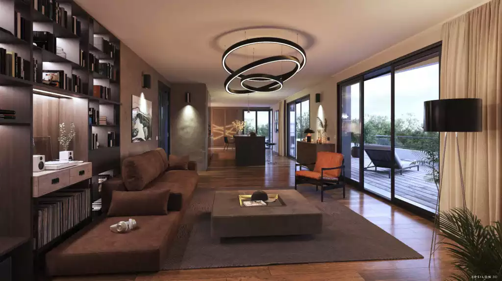 Ce visuel révèle des espaces de vie vastes et raffinés, baignés de lumière grâce à d'imposantes baies vitrées coulissantes s'ouvrant sur de larges terrasses. Le design privilégie des matériaux nobles et chaleureux, mêlant parquets en bois massif, parements de pierre texturée et bibliothèques sur mesure intégrées. L'aménagement, résolument haut de gamme, se distingue par un éclairage sophistiqué — allant de lustres sculpturaux à des corniches lumineuses — et une décoration artistique affirmée qui souligne l'exclusivité de cette résidence. Chaque volume est optimisé pour la convivialité, articulant avec fluidité des salons feutrés, des espaces dînatoires élégants et des cuisines modernes avec îlot central.