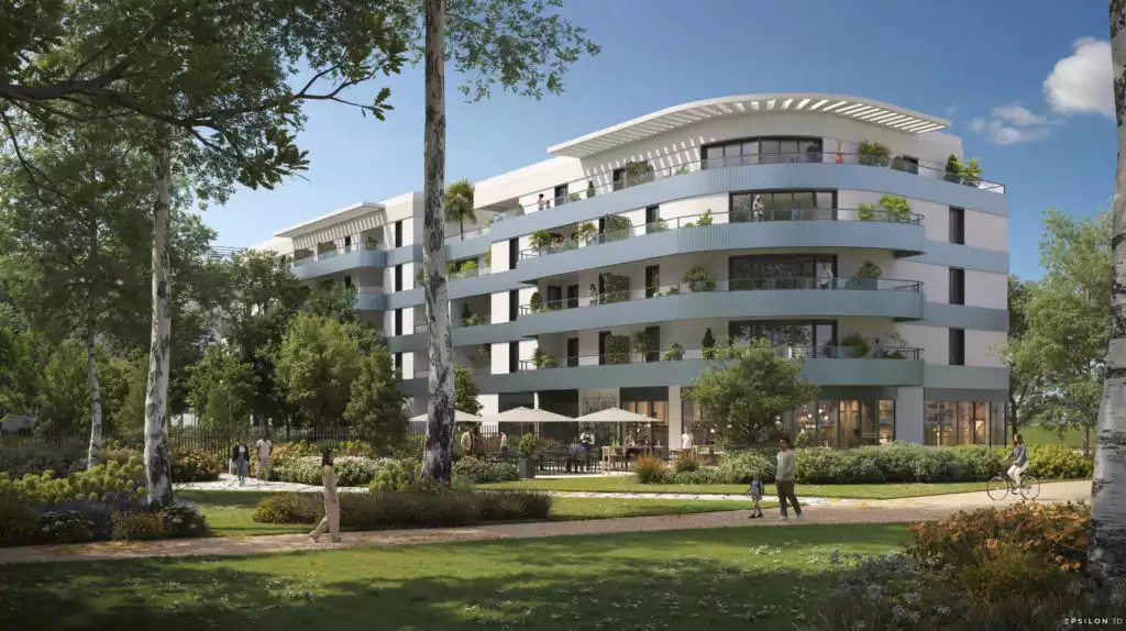L’architecture se distingue par ses lignes fluides et ses façades rythmées par des terrasses filantes végétalisées et des matériaux chaleureux comme le bois. L’omniprésence de la nature, tant sur les toitures-terrasses qu'en pied d'immeuble, illustre un cadre de vie moderne, durable et convivial, parfaitement intégré à des espaces publics de qualité.