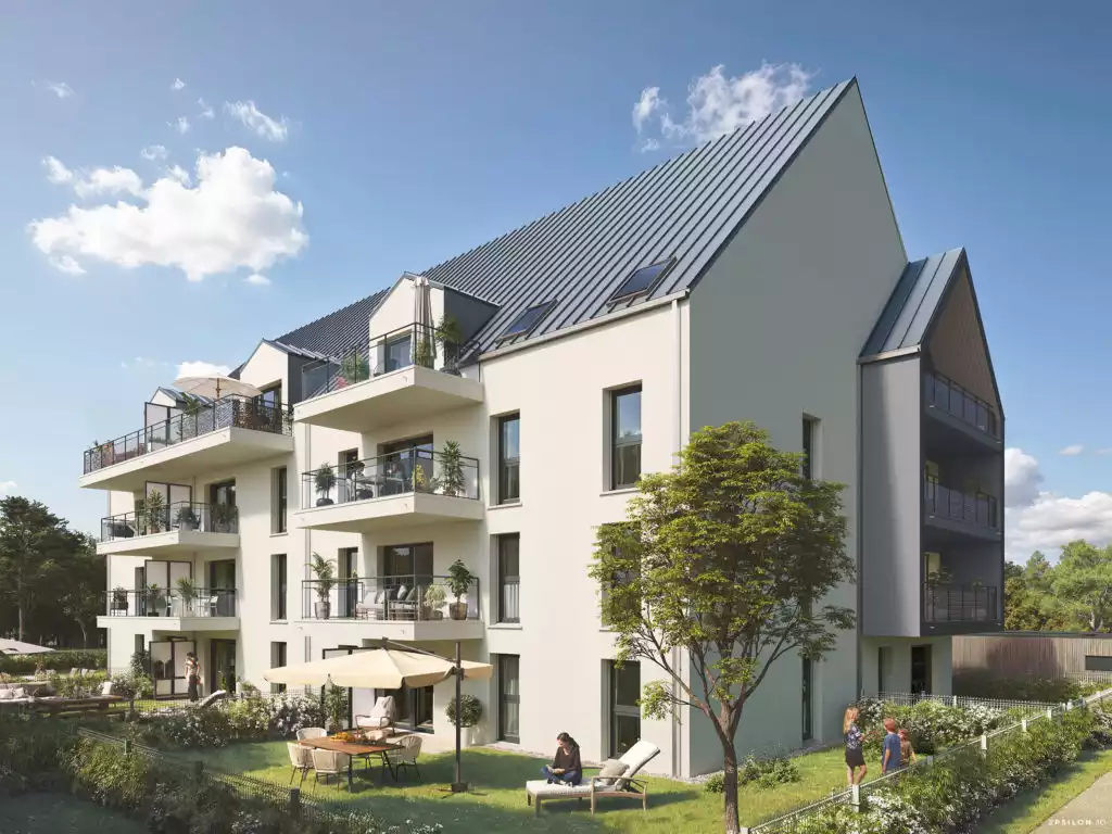 C'est un projet immobilier moderne et lumineux, mettant en avant un cadre de vie paisible et verdoyant. On y aperçoit des jardins privatifs.