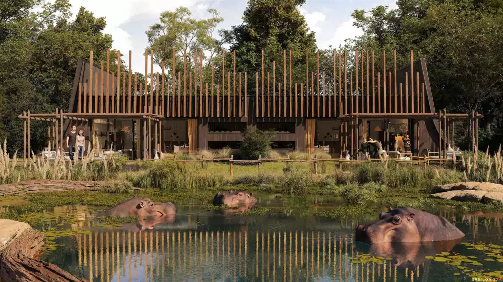 Ce projet de visualisation 3D illustre la conception d'un lodge de luxe immersif, niché au cœur d'un environnement sauvage et verdoyant, offrant une proximité inédite avec la faune africaine. L'architecture extérieure se distingue par une façade en bois brûlé rythmée par une structure verticale organique, tandis que les intérieurs déclinent une esthétique "raw chic" mêlant murs à la chaux, mobilier contemporain et touches artisanales. À travers une vue plongeante en plan-masse et des rendus photoréalistes, on découvre un aménagement fluide où le salon et la chambre s'ouvrent largement sur une terrasse privée avec pergola, offrant une vue imprenable sur un plan d'eau peuplé d'hippopotames. Ce travail de rendu souligne une maîtrise précise de la lumière naturelle et des textures, créant une atmosphère sereine et haut de gamme qui redéfinit l'expérience du safari moderne.