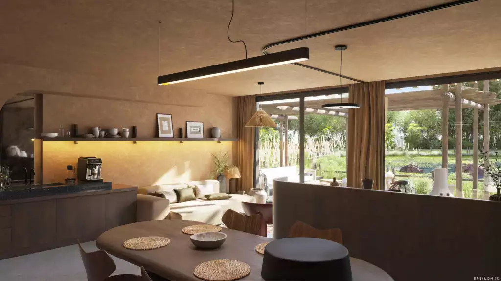 Ce projet de visualisation 3D illustre la conception d'un lodge de luxe immersif, niché au cœur d'un environnement sauvage et verdoyant, offrant une proximité inédite avec la faune africaine. L'architecture extérieure se distingue par une façade en bois brûlé rythmée par une structure verticale organique, tandis que les intérieurs déclinent une esthétique "raw chic" mêlant murs à la chaux, mobilier contemporain et touches artisanales. À travers une vue plongeante en plan-masse et des rendus photoréalistes, on découvre un aménagement fluide où le salon et la chambre s'ouvrent largement sur une terrasse privée avec pergola, offrant une vue imprenable sur un plan d'eau peuplé d'hippopotames. Ce travail de rendu souligne une maîtrise précise de la lumière naturelle et des textures, créant une atmosphère sereine et haut de gamme qui redéfinit l'expérience du safari moderne.