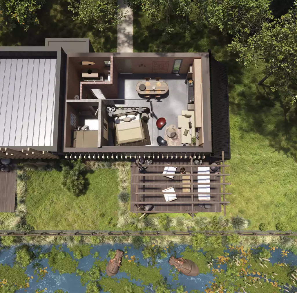 Ce projet de visualisation 3D illustre la conception d'un lodge de luxe immersif, niché au cœur d'un environnement sauvage et verdoyant, offrant une proximité inédite avec la faune africaine. L'architecture extérieure se distingue par une façade en bois brûlé rythmée par une structure verticale organique, tandis que les intérieurs déclinent une esthétique "raw chic" mêlant murs à la chaux, mobilier contemporain et touches artisanales. À travers une vue plongeante en plan-masse et des rendus photoréalistes, on découvre un aménagement fluide où le salon et la chambre s'ouvrent largement sur une terrasse privée avec pergola, offrant une vue imprenable sur un plan d'eau peuplé d'hippopotames. Ce travail de rendu souligne une maîtrise précise de la lumière naturelle et des textures, créant une atmosphère sereine et haut de gamme qui redéfinit l'expérience du safari moderne.