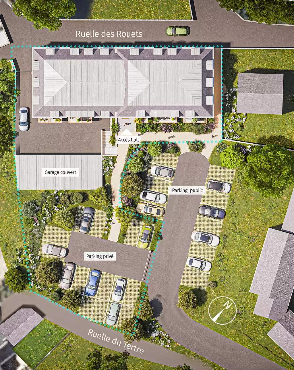 Ce plan masse en 3D offre une vue plongeante claire et didactique de l'organisation de la parcelle, délimitée par son tracé turquoise. Il met en évidence la répartition soignée des espaces entre le bâtiment, les cheminements piétons de l'accès hall et les zones de stationnement végétalisées (publiques et privées). Agrémenté d’indications textuelles et d’une boussole, ce visuel technique constitue un excellent outil de projection pour appréhender l'insertion paysagère globale du projet.