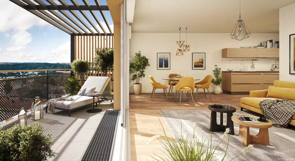 Une plongée dans le quotidien. Nous avons créé cette scène d'intérieur pour projeter le spectateur : le confort de la pièce à vivre, la texture des matériaux, et cette magnifique terrasse filante où il fait bon se détendre.