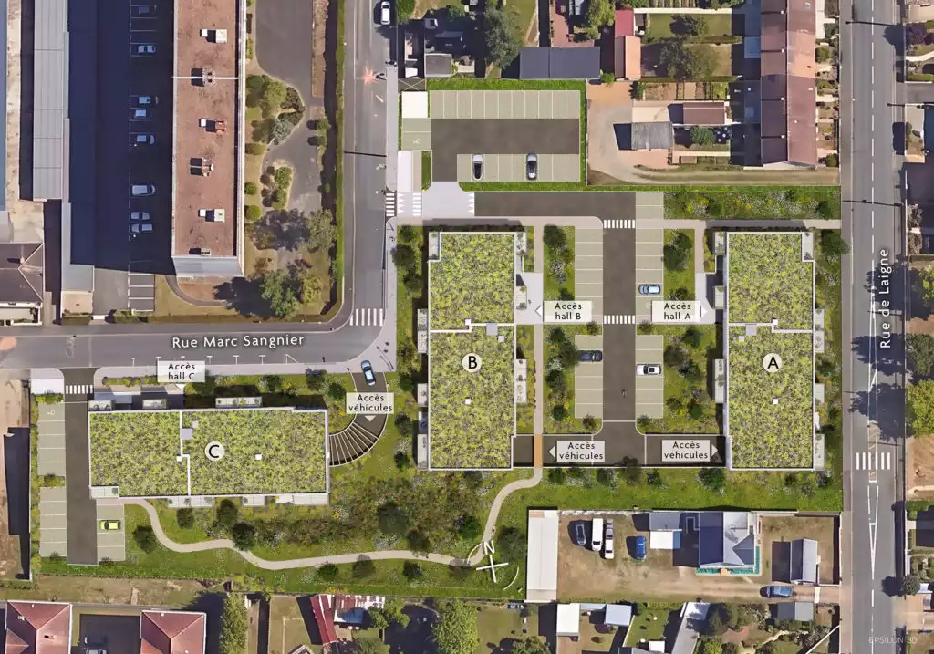Le plan de masse en 3D offre une perspective technique mais accessible, idéale pour comprendre la structure du projet, les accès et l'ampleur des espaces verts.