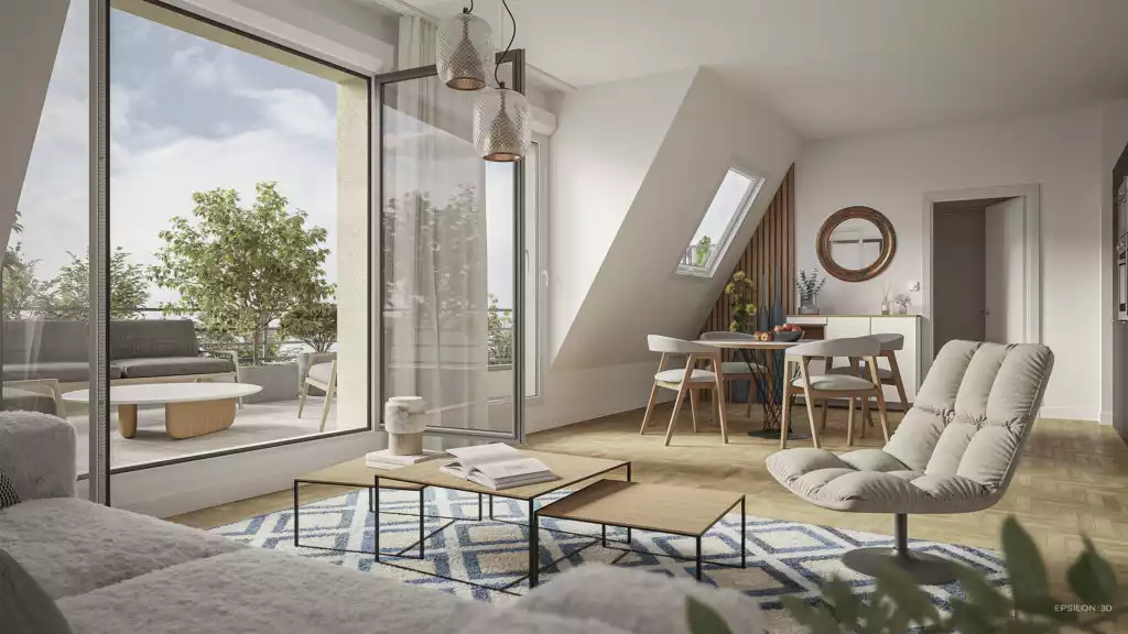 Une pièce de vie très lumineuse sous les toits, combinant des teintes neutres (beige, blanc) et un parquet en bois. Une baie vitrée s'ouvre largement sur une terrasse spacieuse aménagée avec du mobilier de jardin et de la végétation. Une zone salon et une zone salle à manger.