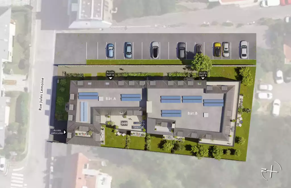 Une vue aérienne orthogonale de l'ensemble du projet immobilier et de son environnement.