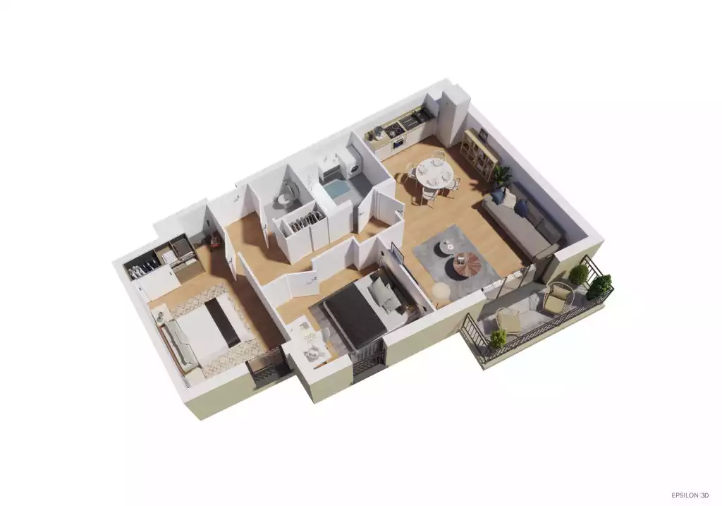 Un plan 3D axonométrique ("écorché") d'un appartement de type T3 / T4 entièrement meublé.