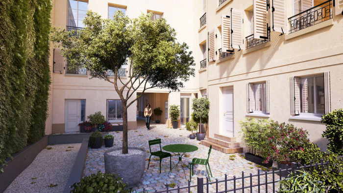 illustration 3D d'une cours d'immeuble avec pavés et table en fer forgé, arbres en pots, lierre