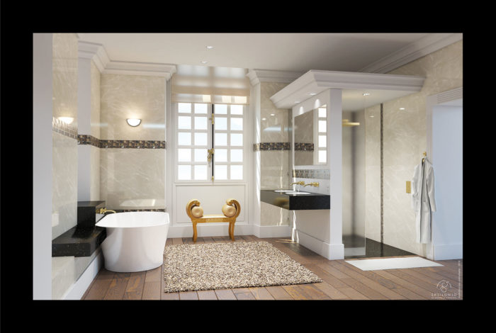 illustration 3D d'une salle de bain décor marbre et parquet