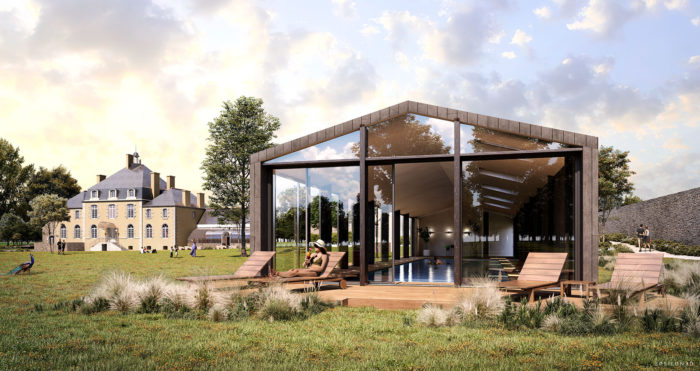 illustration 3D d'une piscine sous verrière dans un parc arboré