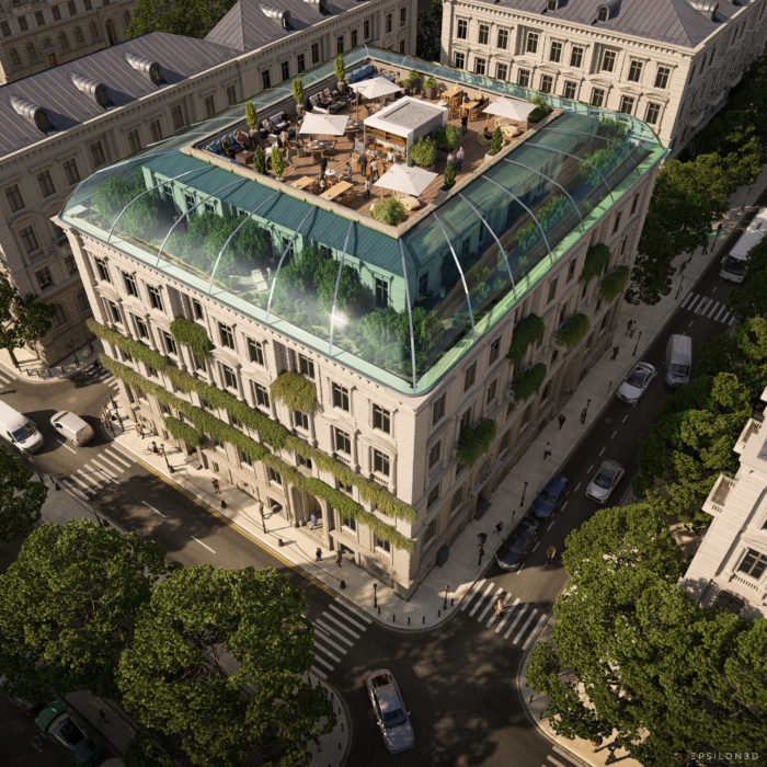 illustration 3D en plongée d'un immeuble de type haussmannien avec terrasse et bar sur les toits, végétation sous véranda et en façade