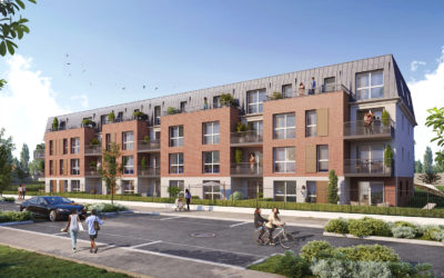 illustration 3D d'un bâtiment avec briques rouges sur rue passante, jardins en rez-de-chaussée