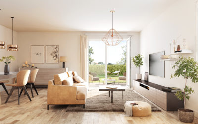 illustration 3d intérieure d'un appartement en rez-de-chaussée ouvert sur jardin, salon à droite et salle à manger à gauche