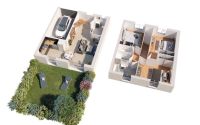 plan 3D d'une maison de deux étages avec jardin