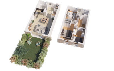 plan 3D d'une maison de deux étages avec jardin