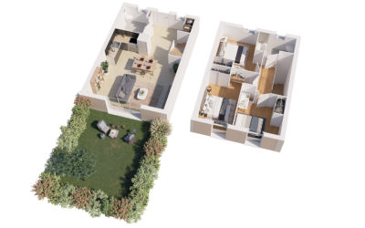 plan 3D d'une maison de deux étages avec jardin