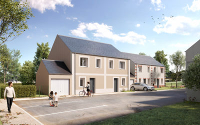 illustration 3d de futures maisons dans une rue calme, avec piétons