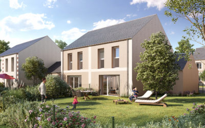 illustration 3D d'une maison avec jardin et transats au premier plan, famille qui joue