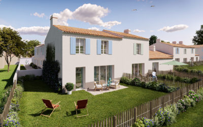 illustration 3d de maisons avec jardins, volets bleus et verts pâles