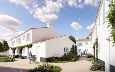 illustration 3d de l'entrée d'un lotissement, maisons aux volets bleus et verts pâles