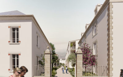 vue d'illustration 3D d'un futur ensemble de bâtiments avec poteaux de portail, sur rue
