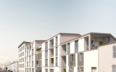 vue d'illustration 3D d'un futur ensemble de bâtiments intégré sur une photo de rue