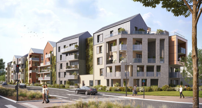 illustration 3d de deux futurs bâtiments d'habitation sur rue avec piétons
