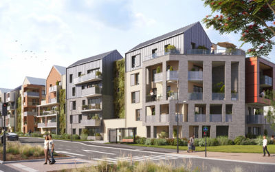 illustration 3d de deux futurs bâtiments d'habitation sur rue avec piétons