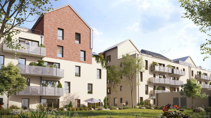 illustration 3d de deux futurs bâtiments d'habitation avec espace végétalisé au premier plan