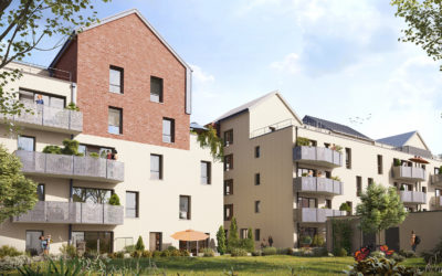 illustration 3d de deux futurs bâtiments d'habitation avec espace végétalisé au premier plan