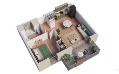 plan d'illustration d'un appartement en 3D avec une chambre et un balcon