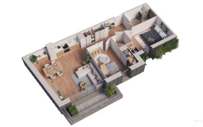 plan d'illustration d'un appartement en 3d avec deux chambres et un balcon