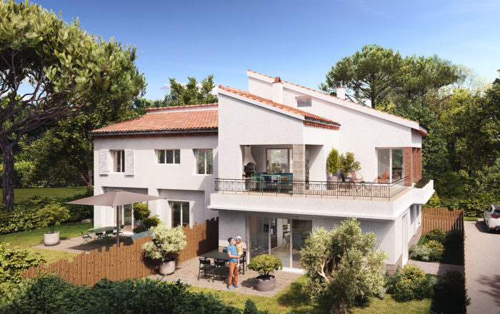 vue 3d d'illustration d'une future maison réhabilitée avec jardins séparés