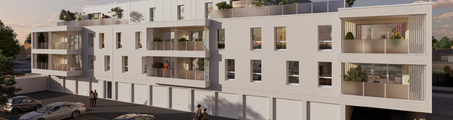 vue d'illustration en 3D d'un immeuble ambiance couché de soleil