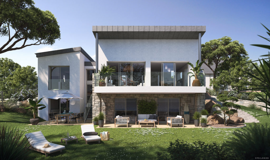 illustration 3D d'une maison avec grand balcon, terrasse, jardin et transats au premier plan