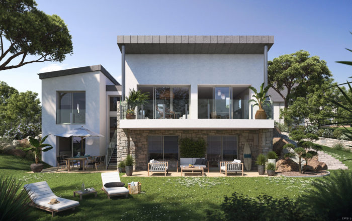 illustration 3D d'une maison avec grand balcon, terrasse, jardin et transats au premier plan