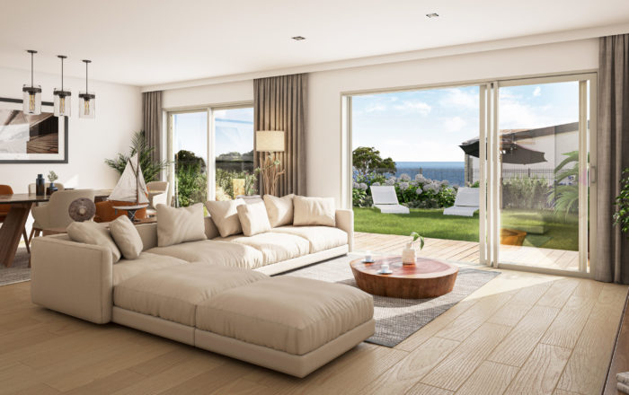 illustration 3d de l'intérieur d'une maison ouverte sur jardin, vue sur la mer, grand canapé d'angle
