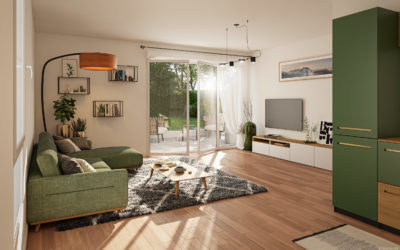 vue d'illustration 3D d'un intérieur de bâtiment avec coin salon, cuisine et ouvert sur jardin