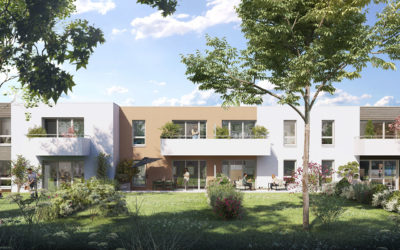 vue d'illustration 3d d'un futur bâtiment avec jardins au premier plan