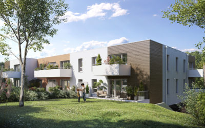 vue d'illustration 3d d'un futur bâtiment avec jardins au premier plan