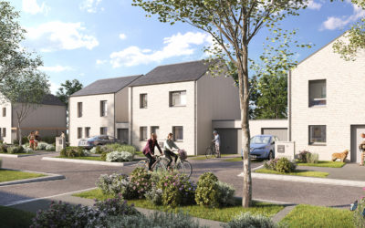 vue d'illustration 3d de futures maisons sur rue avec passants à vélo et piétons